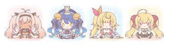 Rule 34 | 4girls, :3, ;3, absurdres, ahoge, amamiya kokoro, amamiya kokoro (1st costume), animal, animal on head, antenna hair, bell, beret, black hairband, black skirt, blonde hair, blue bow, blue hair, blue hat, blue jacket, blue shorts, blue skirt, blue socks, bow, breasts, brown hair, chibi, closed mouth, colored shadow, dark-skinned female, dark skin, frilled skirt, frills, goat, hair bell, hair bow, hair ornament, hairband, hairclip, hat, heterochromia, highres, hoshikawa sara, hoshikawa sara (1st costume), jacket, jingle bell, juliet sleeves, large breasts, long hair, long sleeves, matsukai mao, matsukai mao (1st costume), mitarashi neko, multiple girls, navel, nijisanji, off shoulder, on head, one eye closed, open clothes, open jacket, pantyhose, pink eyes, puffy long sleeves, puffy sleeves, purple bow, purple eyes, red eyes, shadow, shorts, side ponytail, sitting, skirt, sleeves past fingers, sleeves past wrists, socks, striped clothes, striped thighhighs, takamiya rion, takamiya rion (1st costume), tank top, thighhighs, twintails, two side up, very long hair, virtual youtuber, white bow, white jacket, white pantyhose, white shorts, white tank top, x hair ornament, yellow eyes