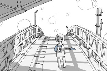 Rule 34 | 1girl, absurdres, arms at sides, barefoot, bridge, commentary, electric guitar, greyscale, guitar, highres, instrument, kaduise, looking at viewer, monochrome, original, oversized clothes, oversized shirt, pedestrian bridge, planet, shirt, short hair, solo, spot color, standing