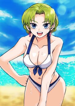 1girl batchgooya bikini blue_eyes breasts cleavage commentary_request earrings grandia grandia_i green_hair highres jewelry lily_(grandia) looking_at_viewer navel open_mouth smile solo swimsuit white_bikini