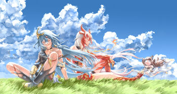 3girls absurdres animal_hands animal_legs asymmetrical_clothes asymmetrical_gloves bare_shoulders belt black_choker black_dress black_footwear black_gloves black_shorts black_sports_bra blue_eyes blue_sky book_of_fuxi boots brown_hair china_dress chinese_clothes choker claws closed_eyes closed_mouth cloud cloudy_sky detached_sleeves dress elbow_gloves eudaemonm eyeliner fingerless_gloves fire fu_hua fu_hua_(garuda) herrscher_of_sentience full_body gloves grass grey_hair hair_between_eyes hair_ornament hanfu highres honkai_(series) honkai_impact_3rd jewelry knee_up long_hair looking_at_another looking_to_the_side low-tied_long_hair low_twintails makeup mismatched_gloves multicolored_hair multiple_girls pleated_sleeves red_eyeliner red_eyes red_gloves red_hair red_rope red_scales red_thighhighs rope short_shorts shorts single-shoulder_dress single_bare_shoulder single_off_shoulder sitting sky smile sports_bra sportswear streaked_hair symbol-shaped_pupils thighhighs thighs twintails two-tone_hair white_dress white_gloves white_hair yellow_belt yellow_pupils