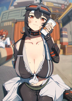 2girls :3 ahoge arm_pouch asymmetrical_gloves bandage_on_face bandages barrel belt black_choker black_footwear black_hair black_sports_bra blurry blurry_background boots breasts choker cleavage closed_mouth collarbone commentary_request construction_site crop_top cup day depth_of_field disposable_cup drinking_straw eyepatch fingerless_gloves fishnet_gloves fishnets foreshortening gloves goggles goggles_on_head grace_howard green_belt highres jumpsuit jumpsuit_around_waist koleda_belobog large_breasts long_hair looking_at_viewer low-tied_long_hair mismatched_gloves mochi_(m0chi0000) multiple_girls navel orange_eyes orange_hair outdoors pants partial_commentary perspective shipping_container sidelocks single_fingerless_glove sitting sky solo_focus sports_bra stomach sweat top_pull white_pants zenless_zone_zero zipper_top