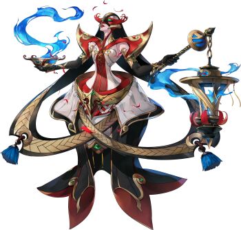 1girl absurdres artist_request blue_fire closed_eyes fire full_body highres holding holding_lantern lantern meng_po_(persona) official_art persona persona_(summon) persona_5 persona_5:_the_phantom_x petals red_lips solo tassel third-party_source transparent_background