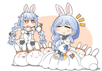 2girls =_= and_takashi animal_ear_fluff animal_ears bare_shoulders blue_hair braid bright_pupils carrot_hair_ornament carrot_in_pocket chibi chibi_only closed_eyes commentary_request detached_sleeves don-chan_(usada_pekora) dress food-themed_hair_ornament full_body fur-trimmed_dress fur-trimmed_gloves fur_trim gloves hair_between_eyes hair_ornament highres hololive leotard leotard_under_clothes long_hair mother_and_daughter multicolored_hair multiple_girls notice_lines open_mouth orange_eyes pekomama pekomon_(usada_pekora) puff_of_air puffy_sleeves rabbit_ears rabbit_girl short_eyebrows sitting smile standing sweatdrop thick_eyebrows twin_braids usada_pekora usada_pekora_(1st_costume) virtual_youtuber white_background white_dress white_gloves white_hair white_pupils