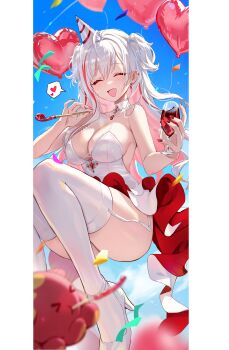 1girl absurdres akane_lize alcohol balloon bare_shoulders breasts cleavage closed_eyes colored_inner_hair cup drinking_glass earrings facing_viewer garter_straps gem heart_balloon high_heels highres holding holding_cup jewelry large_breasts long_hair multicolored_hair open_mouth picter red_gemstone red_hair red_wine shoes smile solo stellive streaked_hair thighhighs very_long_hair virtual_youtuber white_garter_straps white_hair white_shoes white_thighhighs wine wine_glass