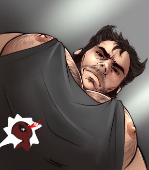 >_< 2boys aroused_nosebleed bara beard blood blush chest_hair commentary deadpool deadpool_&amp;_wolverine deadpool_(series) english_commentary facial_hair foreshortening from_below hairy half-closed_eyes highres large_pectorals looking_at_viewer looking_down male_focus marndraws marvel marvel meme multiple_boys muscular muscular_male nipple_slip nipples nosebleed pec_pov_(meme) pectoral_cleavage pectoral_focus pectorals red_mask short_hair sidepec solo_focus tank_top upper_body wolverine_(x-men) x-men yaoi