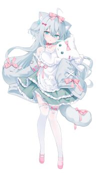 1girl absurdres animal_ear_fluff animal_ears apron aqua_eyes aqua_hair aqua_jacket artist_name bow cat_ears cat_girl cat_tail collar commentary commission dress frilled_dress frills full_body green_dress heart heart-shaped_pupils highres holding holding_stuffed_toy jacket layered_dress long_hair long_sleeves off_shoulder original paw_print pink_bow pink_shoes red_collar shoes skeb_commission solo stuffed_animal stuffed_toy symbol-only_commentary symbol-shaped_pupils tail terano_naa thighhighs twitter_username white_apron white_thighhighs