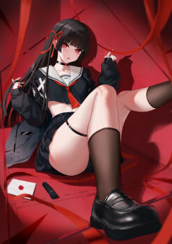 1girl anming arm_cutout black_choker black_hair black_jacket black_shirt black_skirt black_socks chisa_(wuthering_waves) choker clothing_cutout collarbone commentary_request crop_top envelope fingernails hair_ribbon hand_up highres jacket long_hair looking_at_viewer nail_polish parted_lips partial_commentary red_eyes red_nails red_ribbon ribbon sailor_collar school_uniform serafuku shirt sitting skirt socks solo tacet_mark_(wuthering_waves) thigh_strap thighs white_sailor_collar wuthering_waves