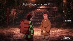 1girl 2boys animated anime_screenshot audible_speech blue_kimono bouncing_breasts braid braided_ponytail breasts breasts_out brown_hair checkered_clothes collarbone feet green_eyes green_hair japanese_audio japanese_clothes kamado_tanjirou kanroji_mitsuri kimetsu_no_yaiba kimono large_breasts multicolored_hair multiple_boys nipples outdoors pink_hair red_robe robe running sandals scar scar_on_face scar_on_forehead sound subtitled tearing_up third-party_edit toes video wardrobe_malfunction wooden_box