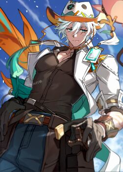 1boy aqua_eyes belt black_gloves black_shirt blue_pants blue_sky blurry cacucu_(genshin_impact) chinese_commentary closed_mouth coat collared_shirt commentary_request cowboy_hat dark-skinned_male dark_skin day depth_of_field facing_viewer feathers from_below genshin_impact glint gloves gun hair_between_eyes hand_on_own_hip hand_on_weapon hat holster honlo ifa_(genshin_impact) light_smile looking_to_the_side male_focus neck_tattoo open_clothes open_coat outdoors pants scar scar_across_eye scar_on_arm scar_on_face shirt short_hair signature sky sleeves_rolled_up tassel tattoo thigh_holster thumb_in_beltline two-sided_coat two-sided_fabric weapon white_coat white_hair white_hat wind