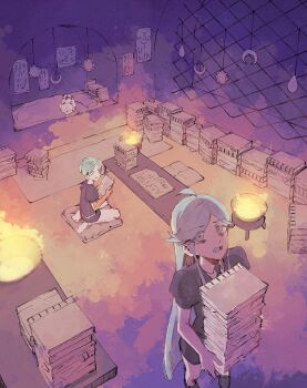 2others absurdres ahoge alexandrite_(houseki_no_kuni) androgynous bed blue_eyes blue_hair book book_stack colored_extremities commentary cushion english_commentary fire flipped_bangs from_above gem_uniform_(houseki_no_kuni) highres holding holding_book houseki_no_kuni indoors long_hair multiple_others night open_mouth phosphophyllite seiza shade shiro_(houseki_no_kuni) short_hair short_sleeves shorts sitting standing table xenoee zabuton