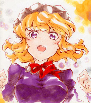 Rule 34 | 1girl, blonde hair, blush, bow, bowtie, breasts, collared dress, contrast collar, dress, excited, hair between eyes, hat, long sleeves, looking at viewer, maribel hearn, marker (medium), mob cap, open mouth, purple dress, purple eyes, red bow, red bowtie, reitaisai, sanwa no jako (daikichi club), sleeve cuffs, solo, teeth, touhou, traditional media, upper teeth only, white hat