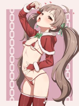 1girl absurdres ahoge arm_up bikini blush border bow bowtie breasts bridal_gauntlets brown_eyes brown_hair capelet cherry commentary_request cowboy_shot food fruit green_bow green_bowtie hakozaki_serika heart highres idolmaster idolmaster_million_live! long_hair looking_at_viewer milliani navel open_mouth outside_border pink_background red_bikini red_bridal_gauntlets red_capelet red_thighhighs saliva small_breasts solo standing string_bikini swimsuit thighhighs tongue tongue_out twintails very_long_hair white_border
