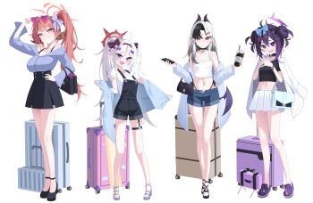 4girls 82jhin absurdres aru_(blue_archive) bag bare_legs belly black_choker black_hair black_horns blue_archive bow bowtie choker commentary cropped_shirt denim denim_shorts hair_ornament halo handbag haruka_(blue_archive) high_heels highres horns jacket kayoko_(blue_archive) long_hair looking_at_viewer missing_halo multicolored_hair multiple_girls mutsuki_(blue_archive) navel off-shoulder_shirt off_shoulder open_mouth overalls pencil_skirt purple_eyes purple_hair purple_halo red-tinted_eyewear red_eyes red_hair red_halo shirt shorts side_ponytail skirt suitcase tank_top thigh_strap tinted_eyewear twintails two-tone_hair untranslatable_commentary white_bow white_bowtie white_hair white_jacket white_skirt white_tank_top yellow_eyes