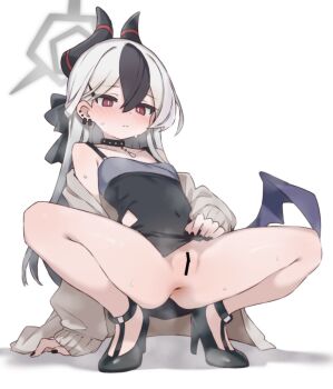 Rule 34 | 1girl, aku0, anus, arm behind back, arm support, bar censor, bare shoulders, black bow, black choker, black dress, black hair, black horns, black nails, black shoes, blue archive, blush, bottomless, bow, bright pupils, cardigan, cardigan partially removed, censored, choker, closed mouth, clothes lift, collarbone, commentary, covered navel, demon girl, demon horns, demon wings, double-parted bangs, dress, dress lift, ear piercing, earrings, flat chest, from below, full body, grey cardigan, grey halo, hair behind ear, hair between eyes, hair bow, hair ornament, halo, heavy breathing, high heels, highres, horns, jewelry, kayoko (blue archive), long hair, long sleeves, looking down, mole, mole on collarbone, multicolored hair, nail polish, no panties, nose blush, open cardigan, open clothes, petite, piercing, puffy long sleeves, puffy sleeves, purple wings, pussy, red eyes, shadow, shoes, simple background, single wing, sleeveless, sleeveless dress, sleeves past wrists, smell, solo, spread legs, squatting, streaked hair, studded choker, sweat, tsurime, two-tone hair, very long hair, white background, white hair, white pupils, wings