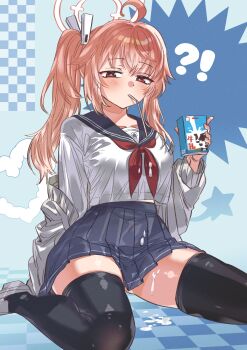 !? 1girl absurdres accident ahoge arm_at_side black_sailor_collar black_skirt black_thighhighs blue_archive blue_background bright_pupils cardigan commentary drinking_straw drinking_straw_in_mouth film_grain foot_out_of_frame gluteal_fold halo hand_up heart highres holding holding_milk_carton long_hair long_sleeves looking_at_viewer milk_carton miniskirt namaniku_(user_nxxf7457) natsu_(blue_archive) neckerchief open_cardigan open_clothes pink_hair pink_halo pleated_skirt red_eyes red_neckerchief sailor_collar school_uniform serafuku sexually_suggestive shirt side_ponytail sidelocks simple_background sitting skirt solo star_(symbol) suggestive_fluid thighhighs thighs tsurime wariza white_cardigan white_pupils white_shirt zettai_ryouiki