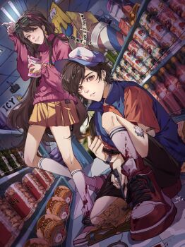 1boy 1girl absurdres baseball_cap bill_cipher blood blood_on_clothes blood_on_shoes blue_hat blue_vest brown_eyes brown_hair brown_shorts dipper_pines flavor_pup gauze gauze_on_leg gravity_falls hairband hat highres holding icy_suluoluo long_sleeves looking_at_viewer mabel_pines open_mouth parted_lips pink_hairband pink_sweater pleated_skirt red_shirt shirt short_sleeves shorts shutter_shades skirt smile sweater vest yellow_skirt