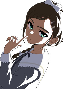 1girl aonuma_neiru aqua_eyes bow braid brown_hair dark-skinned_female dark_skin grey_shirt hair_bow hair_ornament hairclip highres index_finger_raised long_sleeves shiguma_(signalmass) shirt simple_background upper_body white_background white_bow wonder_egg_priority