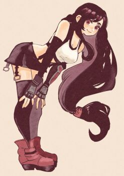 1girl bare_shoulders black_gloves black_hair black_skirt black_thighhighs boots breasts chimney_(chimney0311) commentary crop_top elbow_gloves final_fantasy final_fantasy_vii final_fantasy_vii_remake fingerless_gloves full_body gloves hands_on_own_knees highres leaning_forward long_hair looking_at_viewer low-tied_long_hair medium_breasts midriff miniskirt red_boots red_eyes simple_background single_sidelock skirt smile solo tank_top thighhighs tifa_lockhart very_long_hair white_tank_top zettai_ryouiki