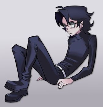 1boy antenna_hair belt black_boots black_eyeshadow black_pants black_shoes boots doro_(doros3n) eyeshadow full_body glasses gradient_background makeup male_focus miles_(lacryboy) original pants parted_bangs shoes sitting solo white_belt