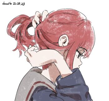Rule 34 | adjusting hair, doodle, flcl, grabbing own hair, highres, holding own hair, pink punk ponk, profile, samejima mamimi, school uniform, short hair, simple background, updo