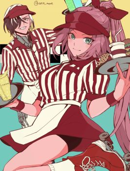 1boy 1girl assault_visor boothill_(honkai:_star_rail) breast_pocket cyborg diner food hair_ornament highres holding holding_tray honkai:_star_rail honkai_(series) pocket ponytail rappa_(honkai:_star_rail) roller_skates shorts shorts_under_skirt skates smile tray twitter_username waiter waitress