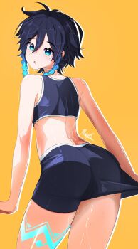 1boy ass back back_freckles black_hair black_shorts blue_eyes blue_hair body_freckles braid clothes_pull freckles from_behind genshin_impact gradient_hair hair_between_eyes hashtag-only_commentary highres leg_tattoo looking_at_viewer male_focus marky_evan multicolored_hair open_mouth orange_background outline short_hair_with_long_locks shorts shorts_pull simple_background skindentation solo sweat tattoo thigh_freckles twin_braids venti_(genshin_impact) white_outline