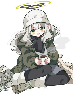 Rule 34 | 1girl, baseball cap, blue archive, coat, coffee, commentary request, furiba 794, green coat, halo, hare (blue archive), hare (camp) (blue archive), hat, highres, holding, long hair, looking at viewer, shoes, socks, solo, white hair, yellow eyes, yellow halo