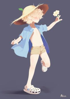 1boy absurdres alicereigns artist_name blonde_hair child closed_mouth collared_shirt commentary crocs english_commentary flower full_body hair_over_eyes hat highres holding holding_flower male_focus navel open_clothes open_shirt original profile shirt shoes short_hair shorts solo white_shoes