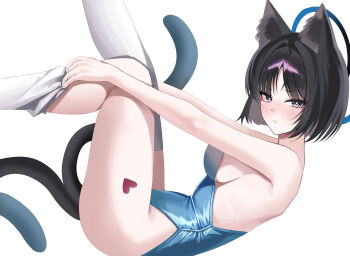 1girl animal_ear_fluff animal_ears black_eyes black_hair blue_archive blue_halo blue_leotard blush breasts cat_ears cat_girl cat_tail commentary_request halo highleg highleg_leotard highres kikyou_(blue_archive) kirat_kr large_breasts leotard looking_at_viewer multiple_tails parted_lips putting_on_legwear short_hair solo tail thighhighs two_tails white_thighhighs
