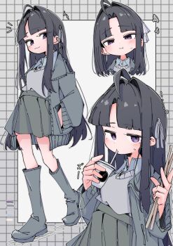 ... 1girl :3 absurdres ahoge aomoringo awa_subaru black_hair boots collared_shirt color_guide commentary_request cup disposable_cup drinking drinking_straw girls_band_cry green_skirt grey_background grey_sweater grid_background hair_intakes hand_in_pocket highres jacket knee_boots long_hair parted_bangs pleated_skirt pout purple_eyes shirt skirt solo squiggle sweater sweater_tucked_in wing_collar