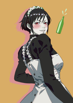 1girl absurdres apron black_hair black_shirt black_sleeves blush bottle colored_skin devil_summoner:_soul_hackers devil_summoner_(series) highres long_sleeves looking_at_viewer looking_to_the_side macossa maid maid_headdress mary_(soul_hackers) pale_skin puffy_sleeves red_eyes shin_megami_tensei shirt short_hair smile solo white_skin wine_bottle