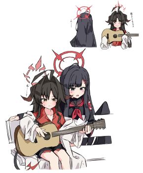 2girls absurdres ahoge armband asakurac4t asymmetrical_bangs bench black_hair black_horns black_sailor_collar black_shorts black_tail black_wings blue_archive blush coat coat_partially_removed collared_shirt commentary_request demon_horns demon_tail hair_intakes hair_ornament hairclip halo highres horns ichika_(blue_archive) kasumi_(blue_archive) lab_coat long_hair long_sleeves low_wings multiple_girls neckerchief open_mouth red_armband red_halo red_neckerchief red_shirt sailor_collar shirt shorts simple_background sitting sleeves_past_fingers sleeves_past_wrists smile tail translation_request white_background white_coat wings yellow_eyes
