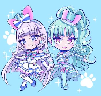 2girls :d animal_ear_hairband animal_ears aqua_boots aqua_bow aqua_hair aqua_hairband aqua_hat arm_warmers artist_name bare_shoulders blue_background blue_bow blue_choker blue_crown blue_eyes blue_hairband blue_shoes blunt_bangs blunt_ends blush boots bow bow_hairband brooch cat_ear_hairband cat_ears chibi chibi_only choker closed_mouth commentary crossed_legs crown crown_earrings cure_lillian cure_nyammy dress dress_bow earrings fake_animal_ears frilled_arm_warmers frilled_dress frilled_thighhighs frills full_body hairband hand_on_own_chest hat heart heart_brooch highres jewelry leg_up long_hair looking_at_viewer magical_girl medium_dress mini_crown mini_hat mini_top_hat multicolored_bow multiple_girls nekoyashiki_mayu nekoyashiki_yuki off-shoulder_dress off_shoulder open_mouth outstretched_arm outstretched_hand pact_holder paw_print paw_print_background pearl_earrings petticoat ponytail pouch precure purple_eyes satowa_(circuit) shiny_cats_pact shoes side-by-side side_ponytail signature smile sparkle_background split_mouth standing straight_hair striped_bow thigh_boots thighhighs tilted_headwear top_hat tsurime very_long_hair white_arm_warmers white_bow white_dress white_hair white_thighhighs wonderful_precure! zettai_ryouiki