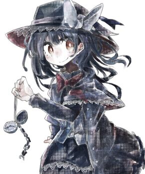 1girl absurdres alternate_costume alternate_eye_color black_capelet black_coat black_hair black_hat black_skirt blush bow bowtie buttons capelet coat frills hair_between_eyes hat hat_bow highres holding holding_pocket_watch long_sleeves looking_at_viewer medium_hair muraryo orange_eyes pocket_watch red_bow red_bowtie shirt simple_background skirt smile touhou unfinished usami_renko watch white_background white_bow white_shirt