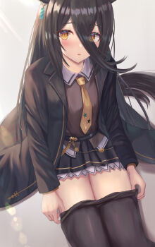 Rule 34 | 1girl, ahoge, animal ears, black coat, black hair, black pantyhose, black shirt, black skirt, blush, breasts, coat, collared shirt, commentary request, ear tag, earrings, hair between eyes, highres, horse ears, horse girl, jewelry, long bangs, long hair, long hair between eyes, long sleeves, looking at viewer, manhattan cafe (creeping shadow) (umamusume), manhattan cafe (umamusume), multicolored hair, necktie, pantyhose, parted lips, pleated skirt, removing pantyhose, shirt, single earring, skirt, small breasts, solo, sweatdrop, thighs, thurumu, umamusume, white hair, yellow eyes, yellow necktie