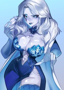 absurdres blue_dress blue_eyes blue_eyeshadow blue_lips blue_thighhighs breasts cleavage closed_mouth colored_skin dress eyeshadow highres indie_virtual_youtuber large_breasts lipstick long_hair looking_at_viewer makeup smile solo suliavtuber thighhighs vexoria_the_sun_eater vexoria_the_sun_eater_(frozen_empress) virtual_youtuber white_skin