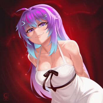 1girl absurdres arms_behind_back bare_shoulders black_ribbon blue_eyes blue_hair breasts cleavage dress hair_intakes hair_ornament highres indie_virtual_youtuber large_breasts long_hair looking_at_viewer melody_(projektmelody) multicolored_hair pink_streaks purple_hair red_background ribbon seductive_smile smile solo streaked_hair triangle_hair_ornament virtual_youtuber white_dress windmill_(windmillg)
