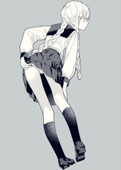 1boy amezaza bent_over braid clothes_lift crossdressing expressionless from_behind full_body grey_background greyscale hand_on_own_knee highres juusan_kihei_bouei_ken kneehighs loafers long_hair long_sleeves looking_at_viewer looking_back low_twin_braids male_focus monochrome okino_tsukasa panties pleated_skirt sailor_collar school_uniform serafuku shirt shoes simple_background skirt skirt_lift socks solo trap twin_braids underwear
