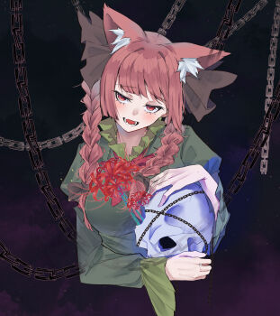 Rule 34 | 1girl, animal ear fluff, animal ears, black background, blush, braid, cat ears, cat girl, chain, commentary, flower, highres, holding, holding skull, kaenbyou rin, kanaria (bcomn), long hair, looking at viewer, open mouth, red eyes, red flower, red hair, side braids, skull, solo, spider lily, touhou, twin braids, upper body, variant set