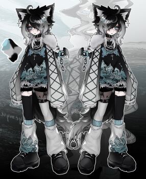 1girl absurdres adoptable ahoge animal_ear_piercing animal_ears asymmetrical_legwear black_choker black_hair black_shirt black_thighhighs blue_eyes boots choker cloud_(lufaeris) commentary cross cross_necklace english_commentary full_body fur-trimmed_shrug gradient_hair grey_hair hair_ornament hair_over_one_eye hairclip highres jewelry leg_warmers long_sleeves looking_at_viewer medium_hair multicolored_hair multiple_views necklace one_eye_covered original parallel_hairclips parted_bangs parted_lips shirt shrug_(clothing) sleeves_past_fingers sleeves_past_wrists symmetrical_pose tail thigh_boots thighhighs white_leg_warmers wolf_ears wolf_girl wolf_tail