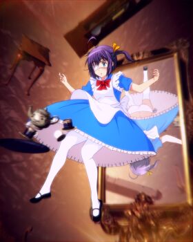 10s 1girl 3d :o alice_(alice_in_wonderland) alice_(alice_in_wonderland)_(cosplay) alice&#039;s_adventures_in_wonderland ass blue_eyes chuunibyou_demo_koi_ga_shitai! clock cosplay cup different_reflection dress eyepatch falling grandfather_clock hair_ribbon mary_janes mirror panties pantyshot pantyshot_through_reflection paradress paraskirt purple_hair reflection ribbon sbel02 shoes short_hair side-tie_panties surreal takanashi_rikka teacup teapot thighhighs underwear upskirt white_panties white_thighhighs