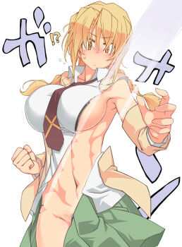 1girl abs black_bra blonde_hair blush bra breasts closed_mouth fighting_stance green_skirt hair_between_eyes highres kaitou_reiko large_breasts light_brown_jacket long_hair necktie original oteruko_(wanabeee) pubic_hair red_neckwear school_uniform shirt sideboob skirt surprised tagme the_hand_(stand) twintails underwear upper_body white_shirt yellow_eyes