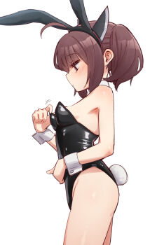 Rule 34 | 1girl, ahoge, animal ears, bare legs, black leotard, breasts, brown hair, from side, hakushi (empty blanc), headgear, highres, leotard, looking down, playboy bunny, profile, rabbit ears, rabbit tail, small breasts, solo, tail, touhoku kiritan, twintails, voiceroid, wrist cuffs