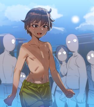 1girl bow_(bhp) brown_eyes brown_hair crossdressing crossdressing_(ftm) crowd dark-skinned_female dark_skin flat_chest green_male_swimwear green_swim_trunks highres male_swimwear male_swimwear_challenge navel nipples open_mouth original outdoors public_indecency public_nudity short_hair solo_focus swim_trunks tomboy topless_female walking