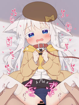 1boy 1girl animal_ears bar_censor blue_eyes blue_one-piece_swimsuit blush bow censored clothing_aside collar commentary_request flat_chest hat hat_bow hetero leash loli long_hair one-piece_swimsuit original paid_reward_available penis school_swimsuit sex shio_(ayanepuna) swimsuit swimsuit_under_clothes thighhighs vaginal white_hair yuune_(ayanepuna)