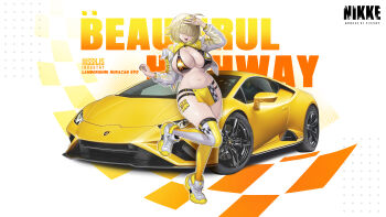 1girl :d absurdres ahoge alternate_costume arm_up bikini bikini_top_only black_bikini blonde_hair body_writing breasts car checkered_clothes cleavage commentary_request cropped_jacket dramz elegg_(nikke) english_text fangs full_body goddess_of_victory:_nikke grey_thighhighs hair_between_eyes hair_intakes hair_over_eyes highres jacket lamborghini_huracan large_breasts logo long_bangs long_sleeves motor_vehicle multicolored_hair multicolored_thighhighs navel open_clothes open_jacket open_mouth pelvic_curtain race_queen shoes short_hair sidelocks skindentation smile solo standing standing_on_one_leg stomach swimsuit thighhighs two-tone_hair two-tone_thighhighs v v_over_head white_background white_jacket white_shoes yellow_thighhighs zipper