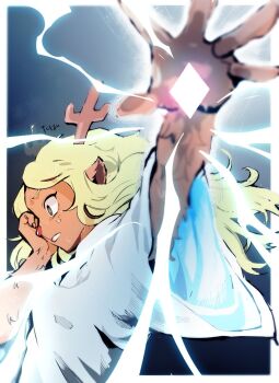 1girl animal_ears antlers black_eyes blonde_hair commentary deer_antlers deer_ears deer_girl deltarune diamond_(shape) floating_hair from_side furry furry_female hand_on_own_face horns long_hair noelle_holiday noelle_holiday_(dark_world) outstretched_arm robe solo tabasc0de translation_request utdr_(toby_fox) white_robe