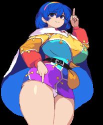 1girl :d animated animated_gif arm_up belt belt_pouch blue_cape blue_eyes blue_hair breasts cape closed_mouth collared_cape cowboy_shot curvy dancing dress hairband index_finger_raised large_breasts long_sleeves looking_at_viewer microdress miniskirt multicolored_dress multicolored_hairband namako_daibakuhatsu non-web_source open_mouth orange_sleeves panties pantyshot patchwork_clothes pointing pointing_down pointing_up pouch rainbow_gradient rainbow_hairband sack short_hair skirt smile solo standing tenkyuu_chimata thick_thighs thighs third-party_edit touhou transparent_background two-sided_cape two-sided_fabric unconnected_marketeers underwear white_cape white_panties wide_hips