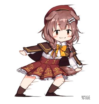 Rule 34 | 1girl, :3, animal ears, artist name, beret, blush, bone hair ornament, bow, bowtie, braid, braided twintails, brown cape, brown capelet, brown eyes, brown hair, brown shoes, brown socks, cape, capelet, chibi, chibi only, closed mouth, commentary request, dated, dog ears, dog girl, dog tail, double-parted bangs, hair ornament, hairclip, hat, high-waist skirt, highres, hololive, inugami korone, inugami korone (street), long hair, long sleeves, looking at viewer, low twin braids, low twintails, miniskirt, motion blur, official alternate costume, parallel hairclips, paw brooch, plaid bow, plaid bowtie, plaid clothes, red hat, red skirt, shirt, shoes, signature, simple background, skirt, sliding, smile, socks, solo, tail, transparent background, traveler (artbbt), twin braids, twintails, virtual youtuber, white shirt, yellow bow, yellow bowtie