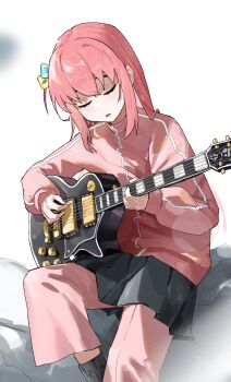 1girl absurdres bocchi_the_rock! closed_eyes commentary_request cube_hair_ornament electric_guitar feet_out_of_frame full_body gibson_les_paul gotoh_hitori guitar hair_between_eyes hair_ornament highres holding holding_guitar holding_instrument holding_plectrum instrument jacket long_hair long_sleeves music one_side_up open_mouth pants pants_under_skirt pink_hair pink_jacket pink_pants playing_instrument plectrum side_ahoge sidelocks sitting solo tianqing_miaofa_hao track_jacket white_background
